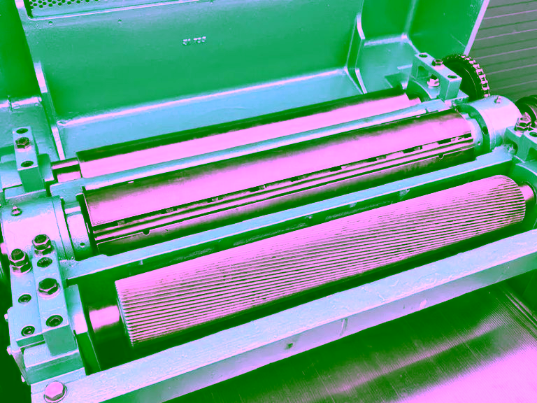 Cutterblock and infeed roller, with the hood open