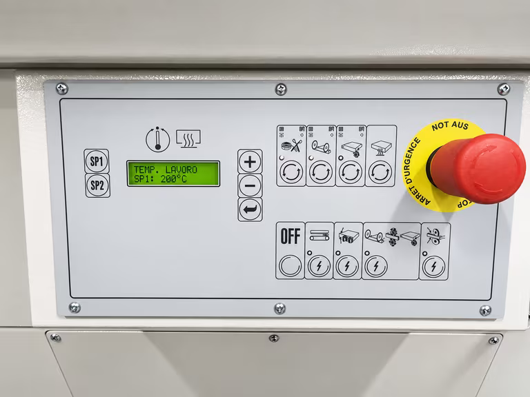 Control panel with temperature display, LED buttons for unit selection and emergency stop