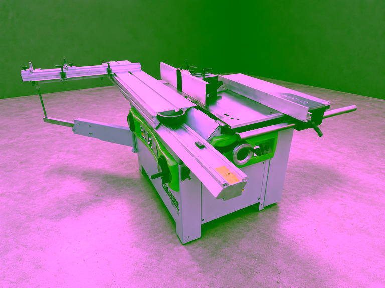 Three-quarter view: sliding table, spindle moulder fences and rip fence