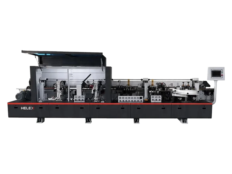 HELEX HE 60 EL automatic edge banding machine, front view with the hood raised