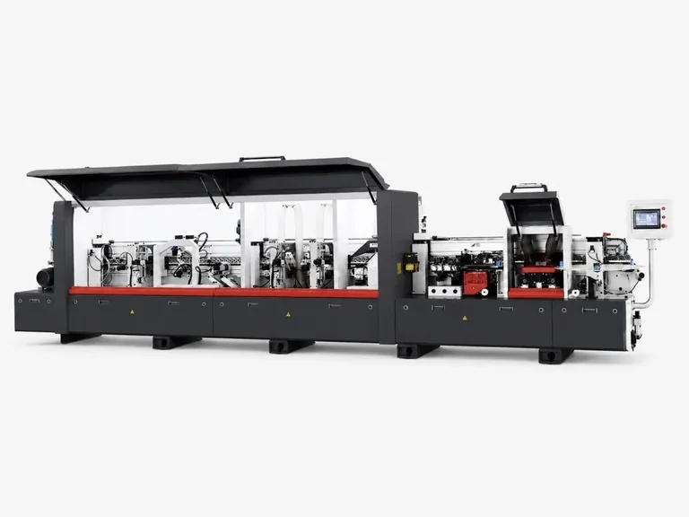 HELEX HE 65 M edge banding machine with the hoods open over the working groups